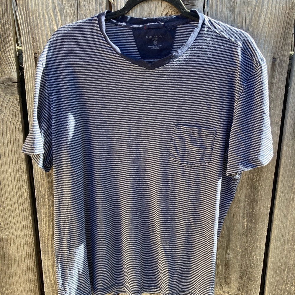 Men's Nate Buchler T-Shirt Blue Striped Pocket XL Crew Pima Cotton HOLE NYC City